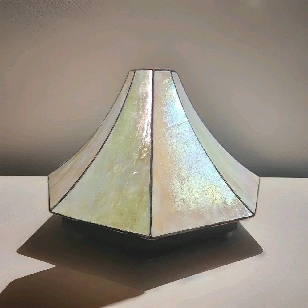 Vtg Tiffany Style Slag Cathedral Glass Lamp Shade Iridescent Bridge Arm Cluster